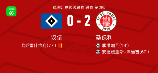 圣保利2-0汉堡，季维加瓦破门，安德烈亚斯-洪通吉镌脾琢肾
