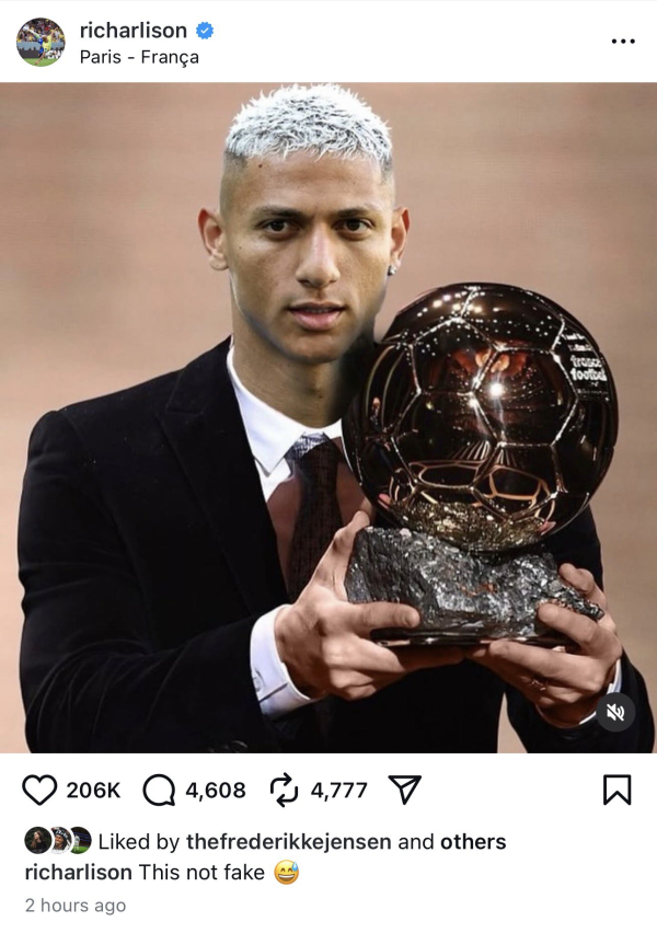 整活！里沙利松晒我方捧金球照：这不是假的