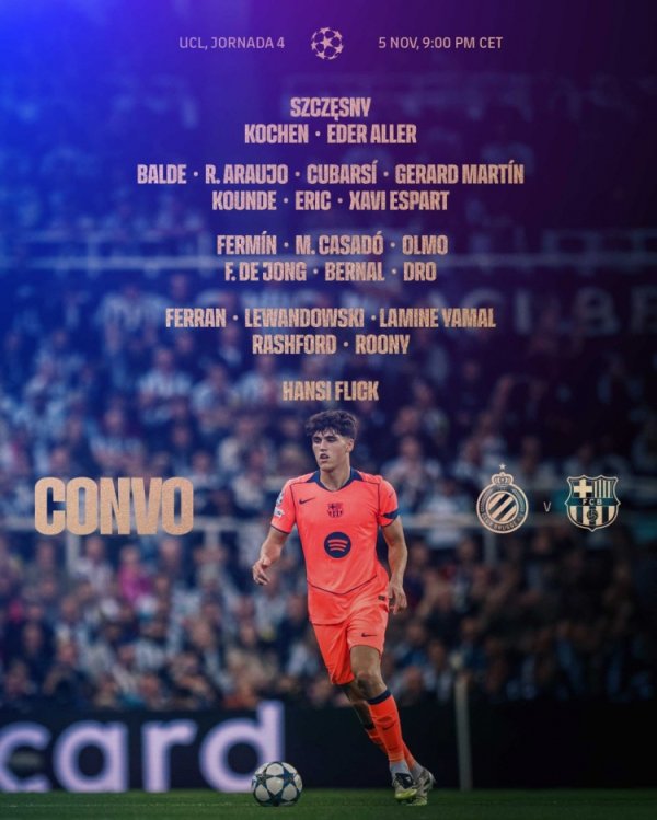 巴萨欧冠大名单：亚马尔、拉什福德在列，佩德里缺席