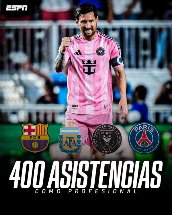 历史第一！ESPN：梅西完毕400助里程碑，宇宙足坛历史上无东说念主能及